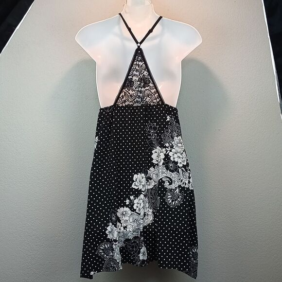 Black and White Polka Dot / Floral Lace V Neck Halter Night Slip Dress Sz L - Picture 6 of 9